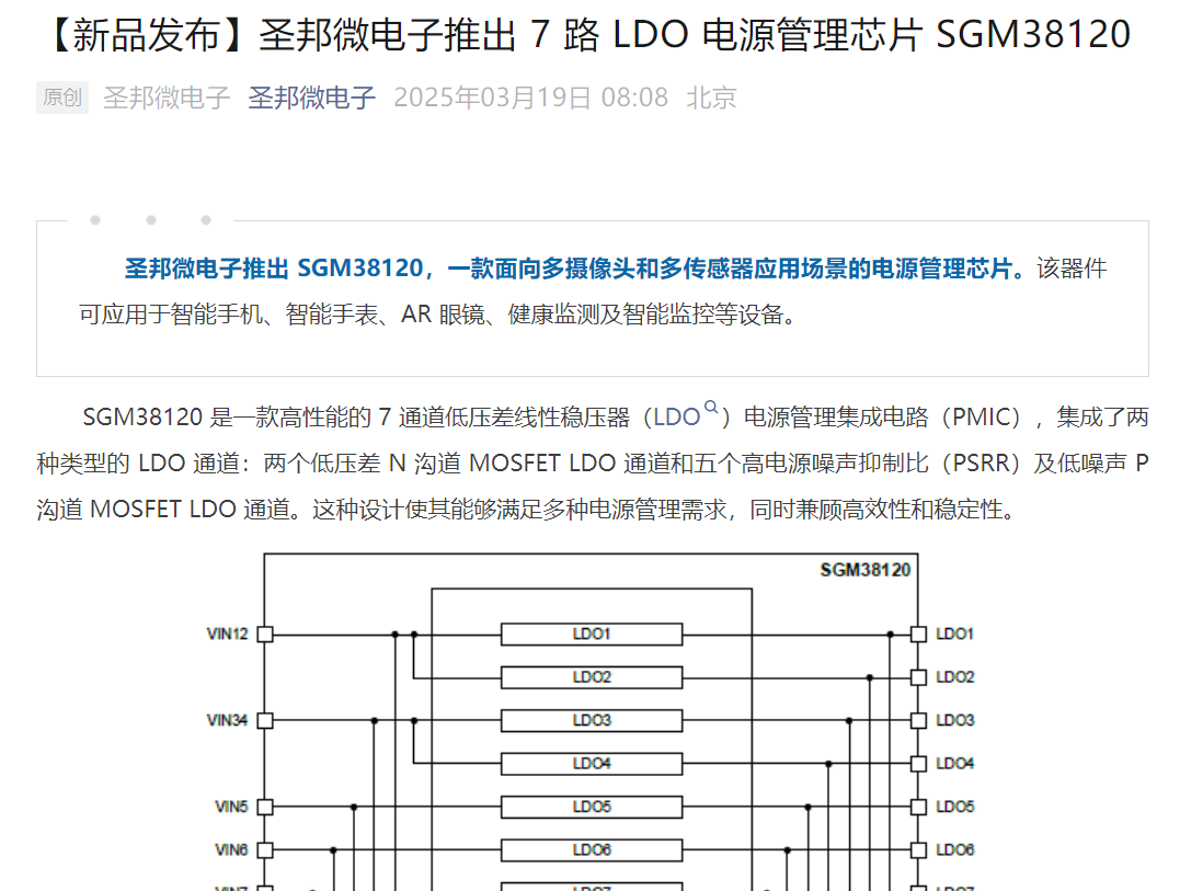 圣邦微电子推出 7 路 LDO 电源管理芯片 SGM38120(图1)